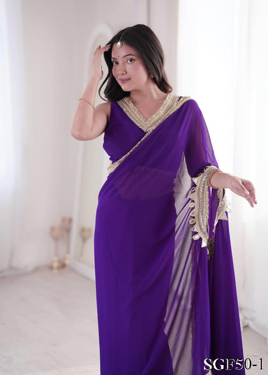 Beautiful Georgette With Mirror Lace Pallu & Designer Ready Made Saree