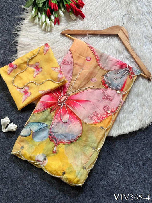 Beautifull Soft Tabby With Real Mirror With Butterfly Work Saree