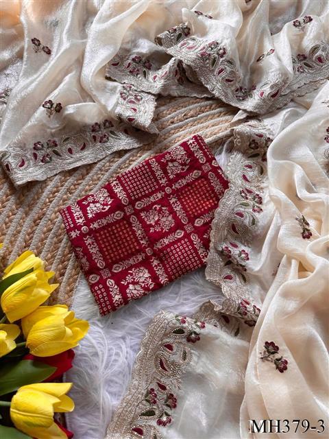 Beautiful Soft Rich Cream Shimmer Silk With Embroidery Work Saree