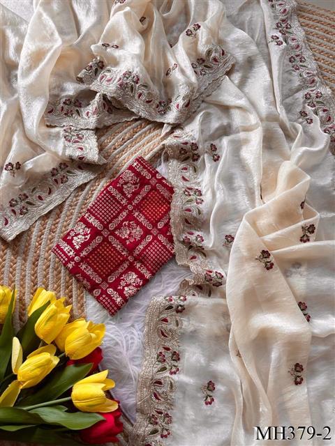 Beautiful Soft Rich Cream Shimmer Silk With Embroidery Work Saree