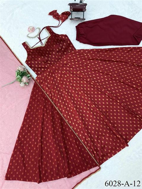 Beautiful Soft Rich Chanderi Jacquard Butti With Fancy Lace Work Gown Set