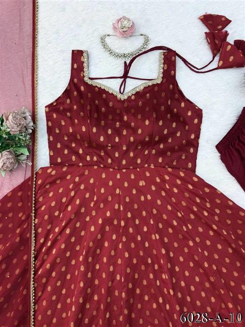 Beautiful Soft Rich Chanderi Jacquard Butti With Fancy Lace Work Gown Set