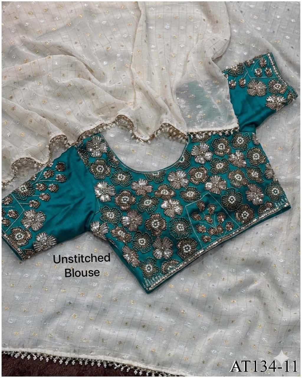 Beautiful Soft Rich Crunchy Georgette With Dual Gold & Silver Zari Butti Work Saree