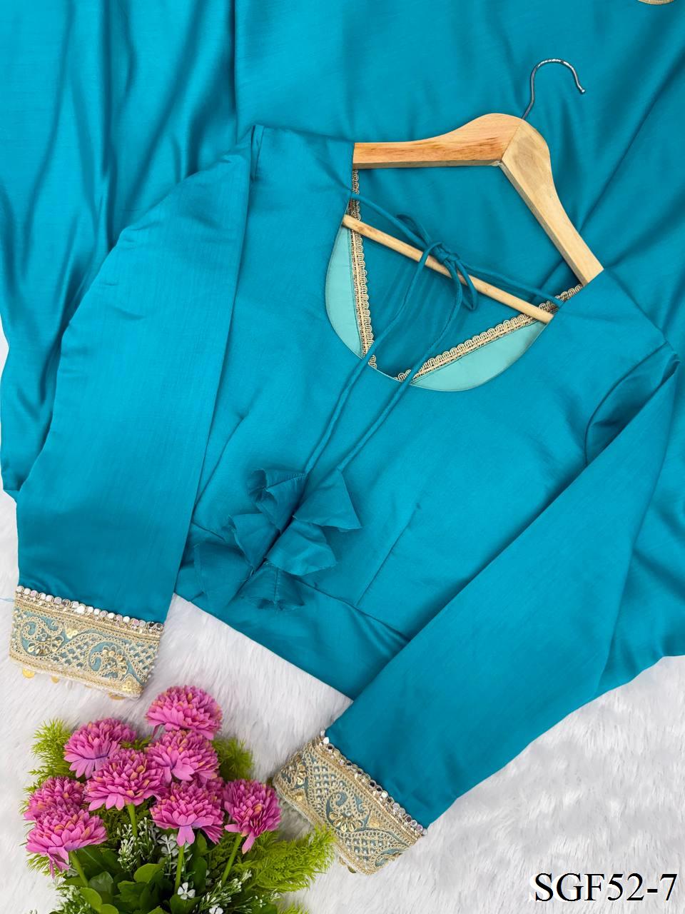 Beautifull Sky Blue Color Roman Fabric With Embroidery Work Gown