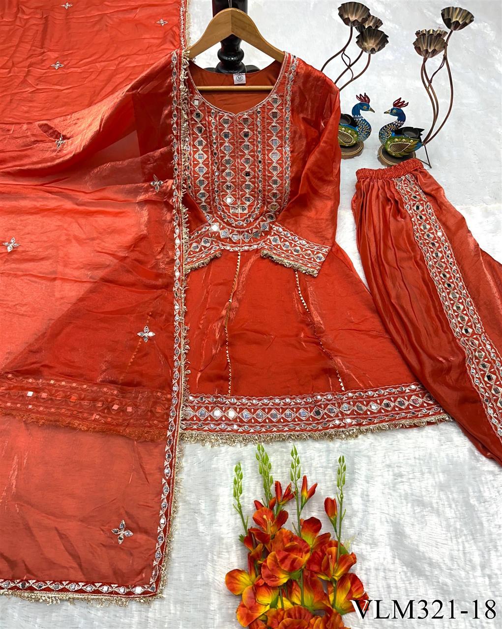 Beautiful Soft Rich Heavy Fendy Silk With Embroidery & Real Mirror Work Dhoti Suit Set