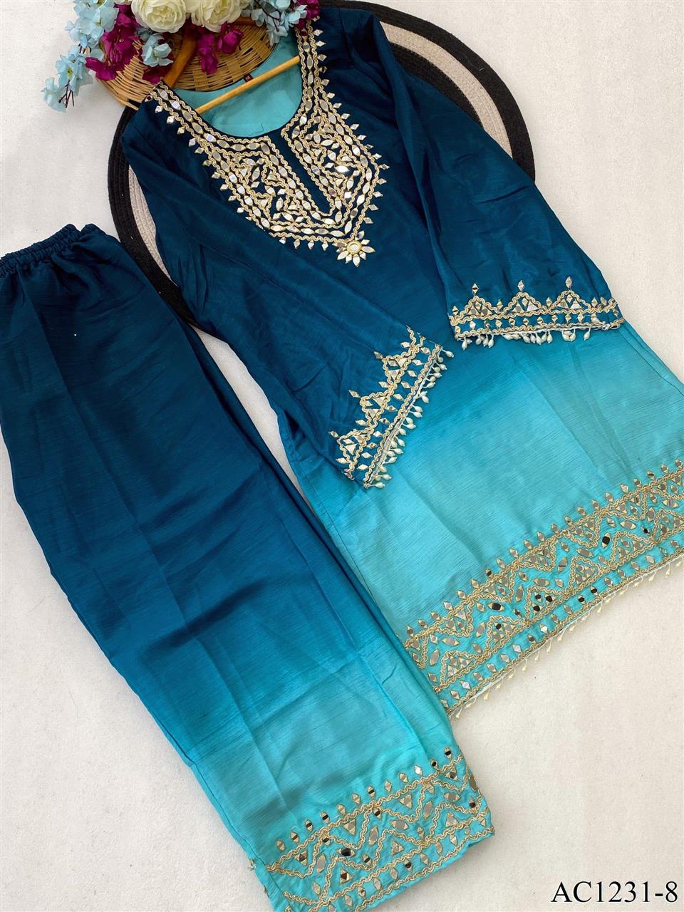 Beautiful Soft Rich 2 Tone Chinon With Hand Embroidery & Real Mirror Work Plazzo Suit Set