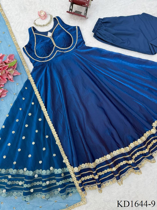 Blue Color Fendy Silk With Micro Cotton Gown