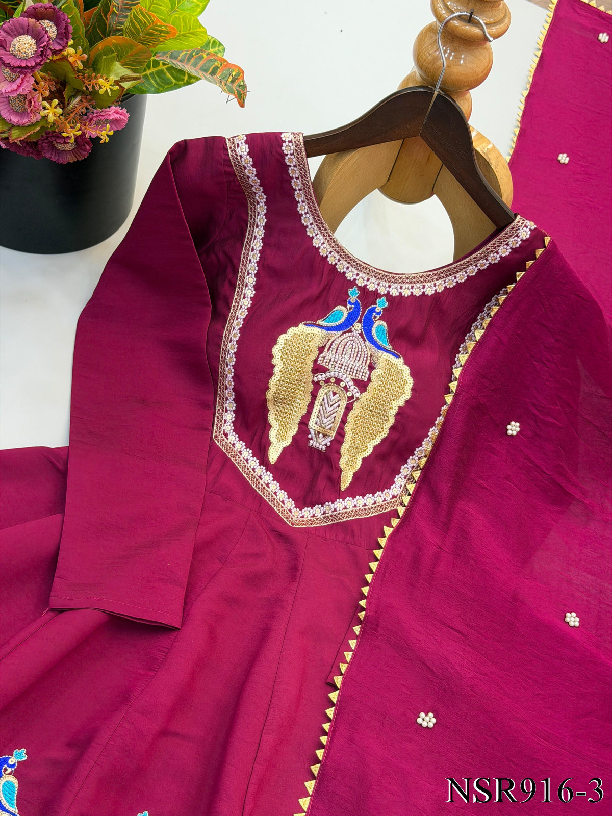 Beautifull Maroon Color Roman Silk With Embroidery Work Top Pent