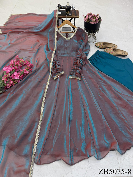 Beautifull Two Tone Color Fendy Silk Mirror Work Gown