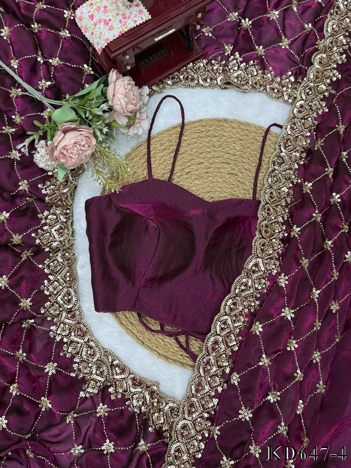 Wine Color Fendy Silk With Beads With Sequns Work Saree