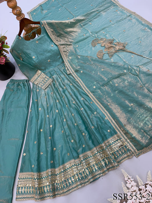 Sky Color Fendy Silk With Embroidery Work Gown