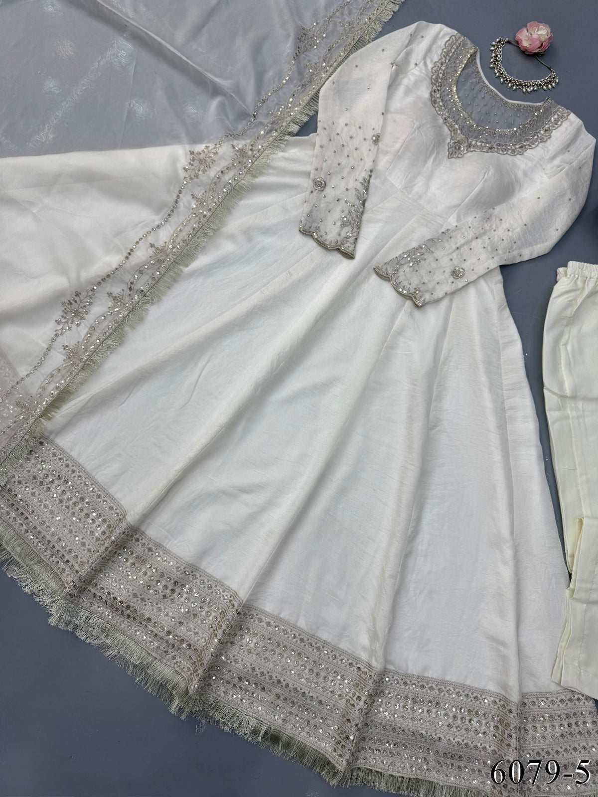 White Color Premium Look Vichitra Sequns Work Anarkali