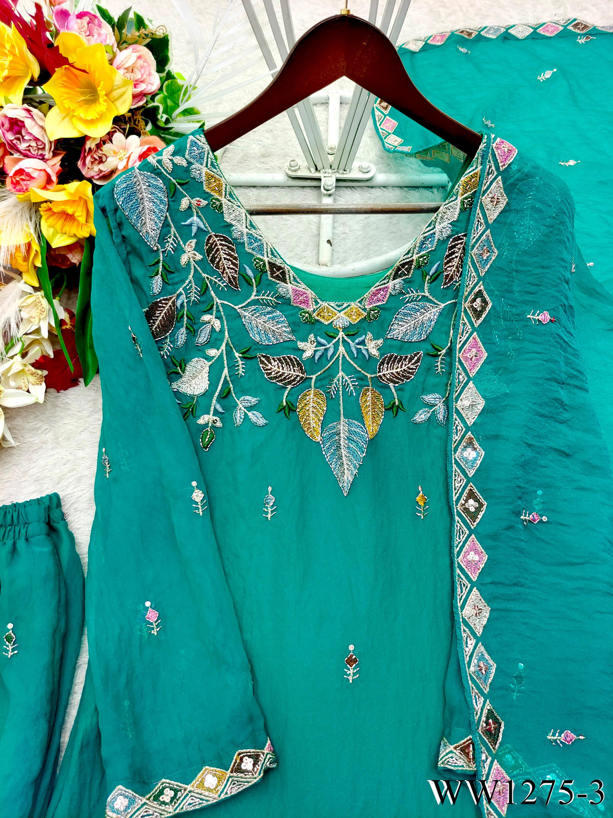Sky Color Moss Silk With Embroidery Sequience Work Top Plazzo