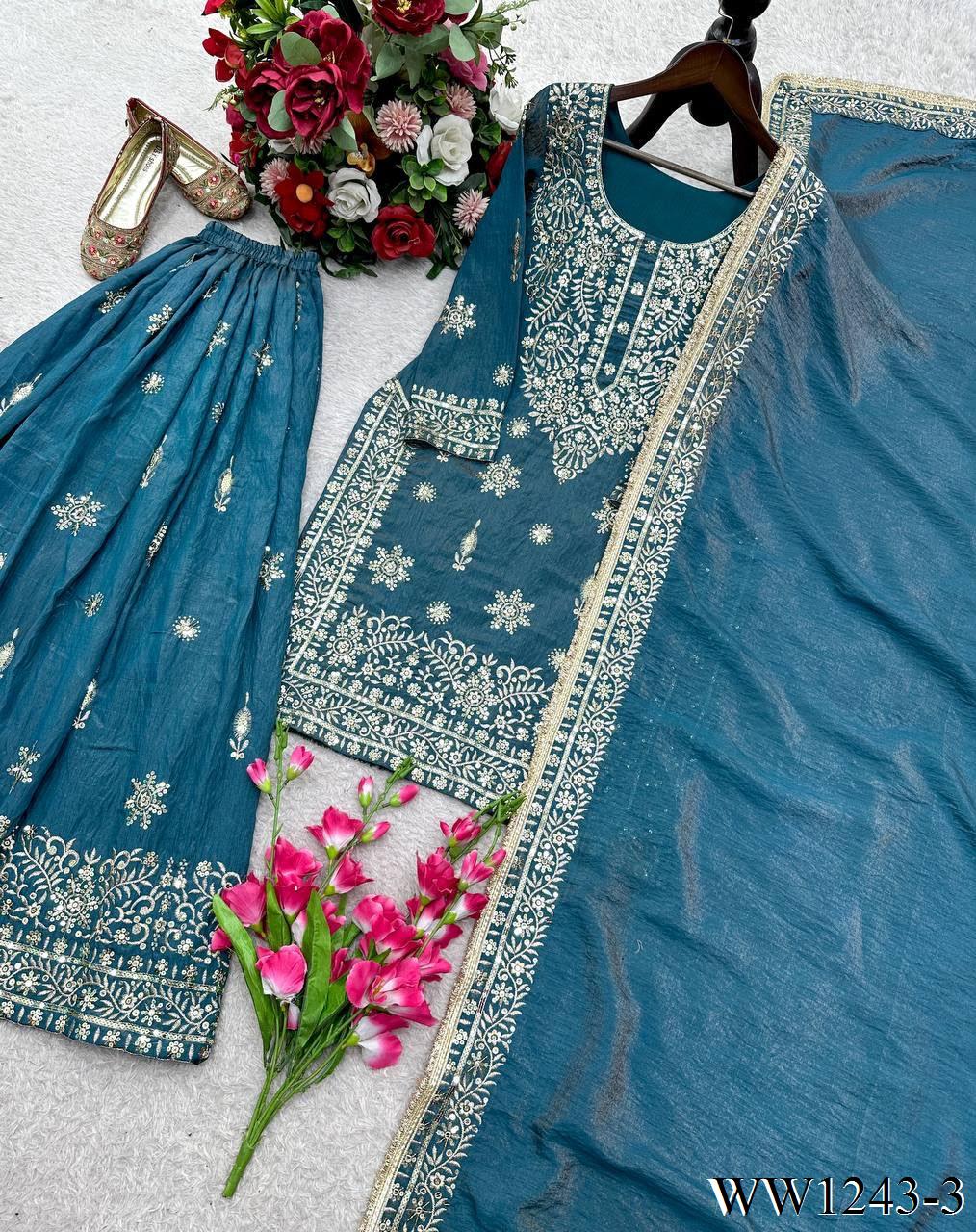 Blue Color Beautifull Gmy Silk With Sequience Work Top Sharara