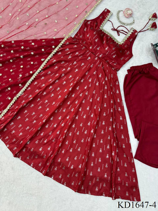 Red Color Jacquard Butti With Fancy Lace Work Anarkali