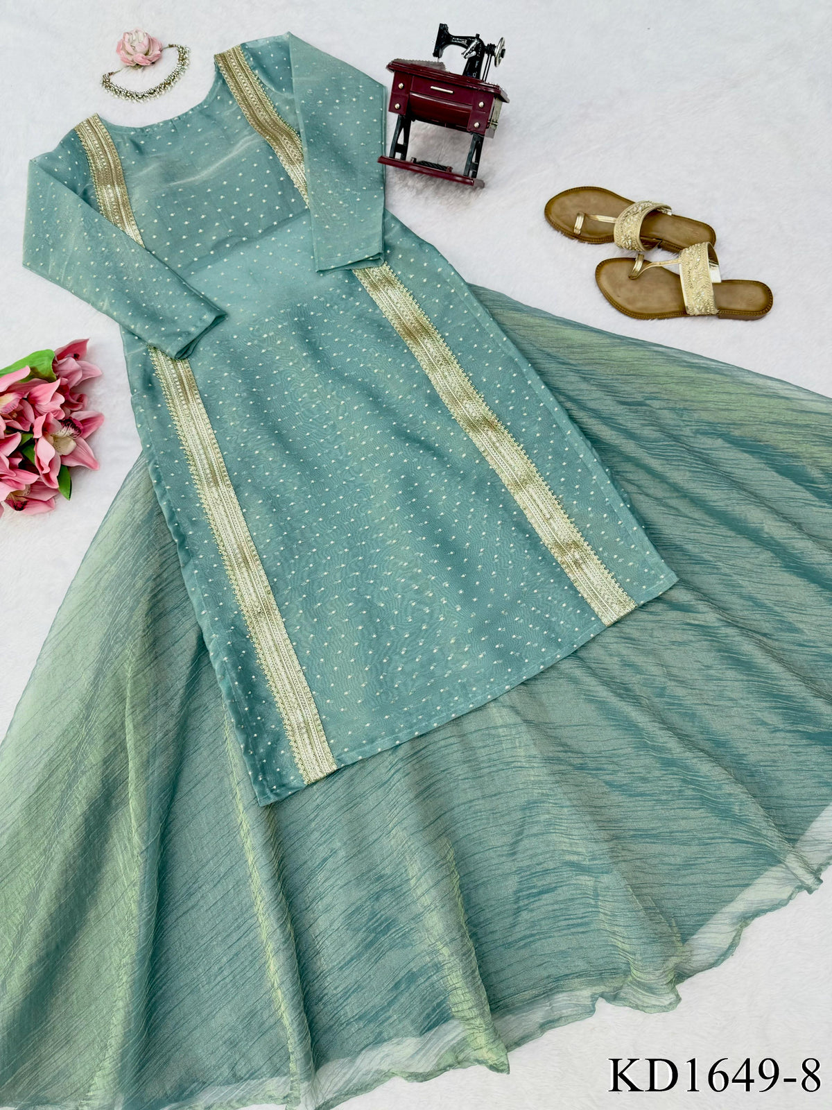 Heavy Salsa Butti Top Lehenga Set with Fancy Lace Work