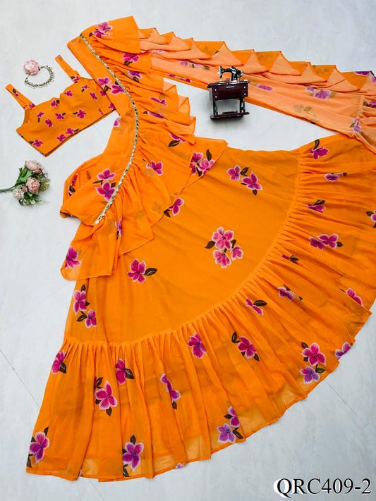 Faux Georgette Lehenga Set with Digital Print & Lace Dupatta