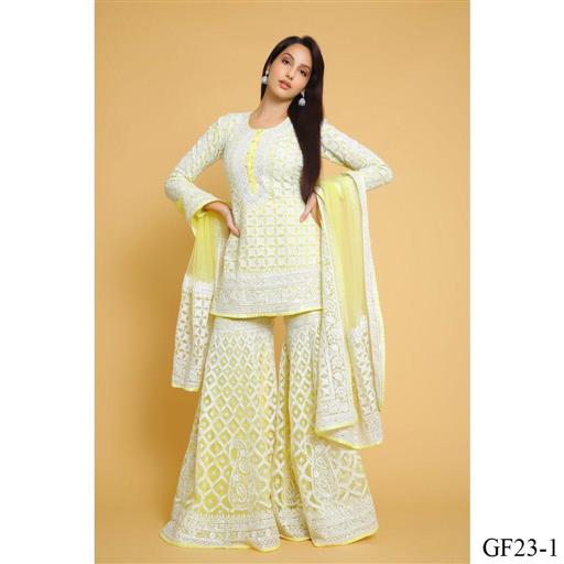 Georgette Embroidery Chine Satin Work Top Plazzo