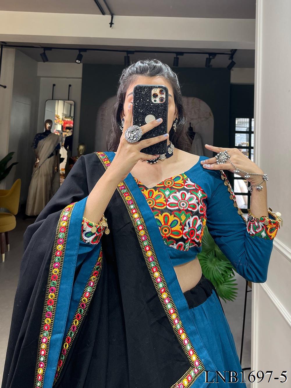 Blue Color Pure Cotton Plain With Printed Work Lehenga