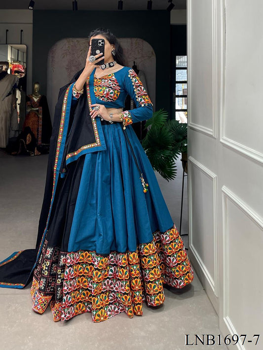 Blue Color Pure Cotton Plain With Printed Work Lehenga