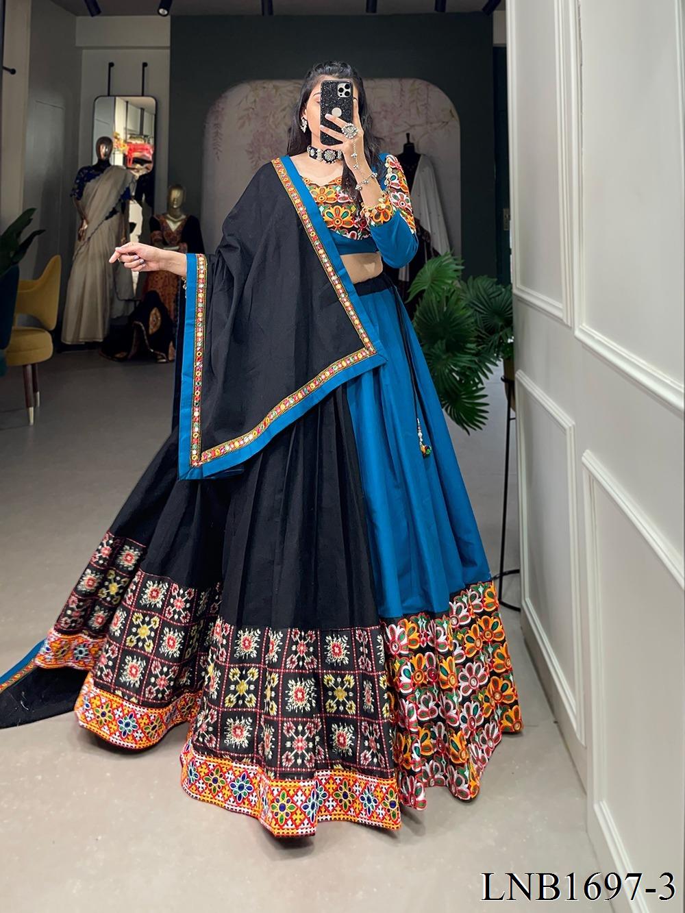 Blue Color Pure Cotton Plain With Printed Work Lehenga