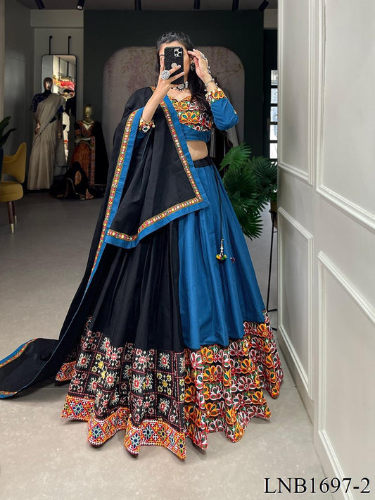 Blue Color Pure Cotton Plain With Printed Work Lehenga