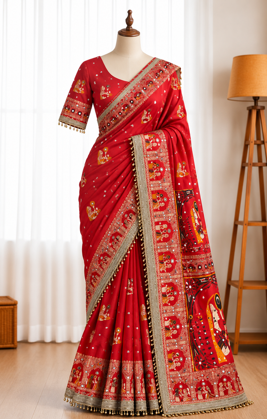 Soft Satin Silk Saree with Hand Mirror Work