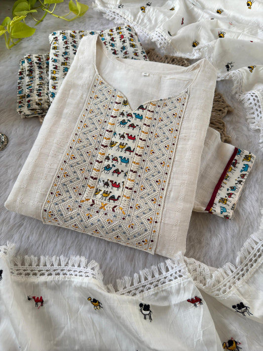 Premium weaving Cotton Embroidery Sequence, Neck Work Kurti Set