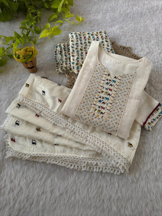 Premium weaving Cotton Embroidery Sequence, Neck Work Kurti Set