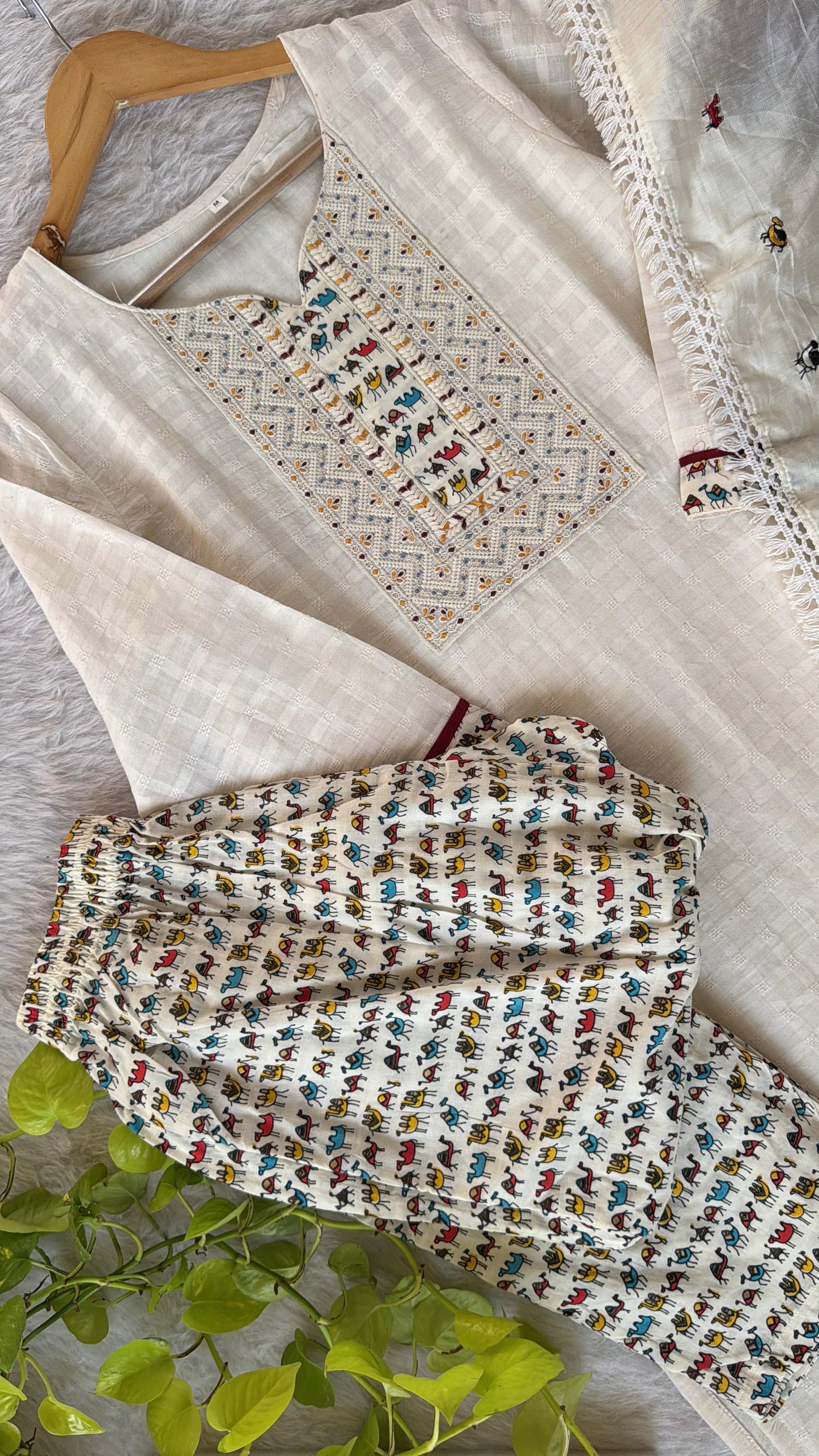 Premium weaving Cotton Embroidery Sequence, Neck Work Kurti Set