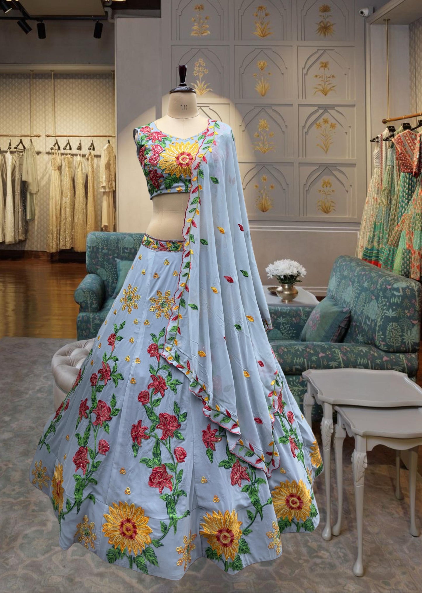 Glorious Embroidery Sequence Work Sky Blue Color Lehenga Choli