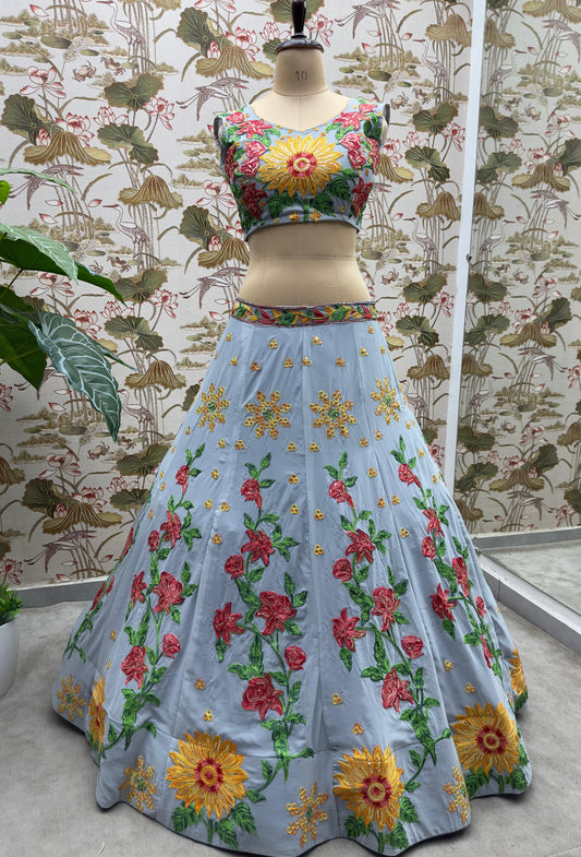 Glorious Embroidery Sequence Work Sky Blue Color Lehenga Choli