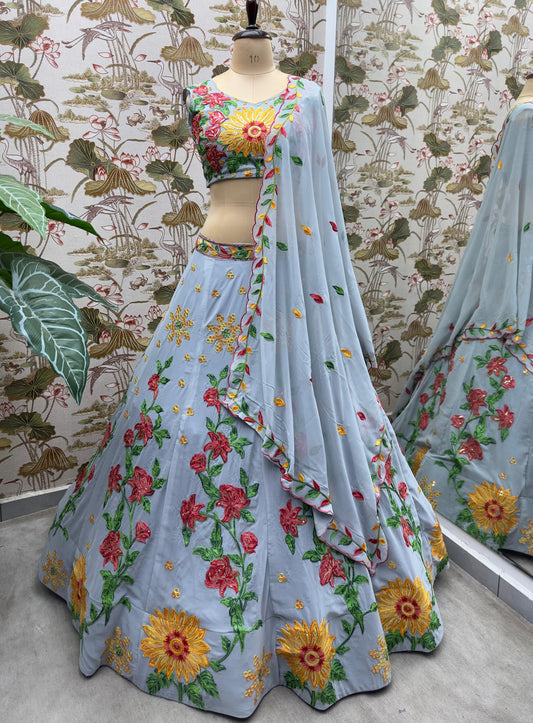 Glorious Embroidery Sequence Work Sky Blue Color Lehenga Choli