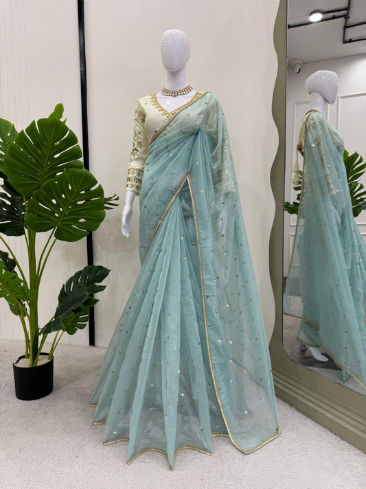 Twill Net Sequence With Fancy Lace Work Saree With Benglori Blouse