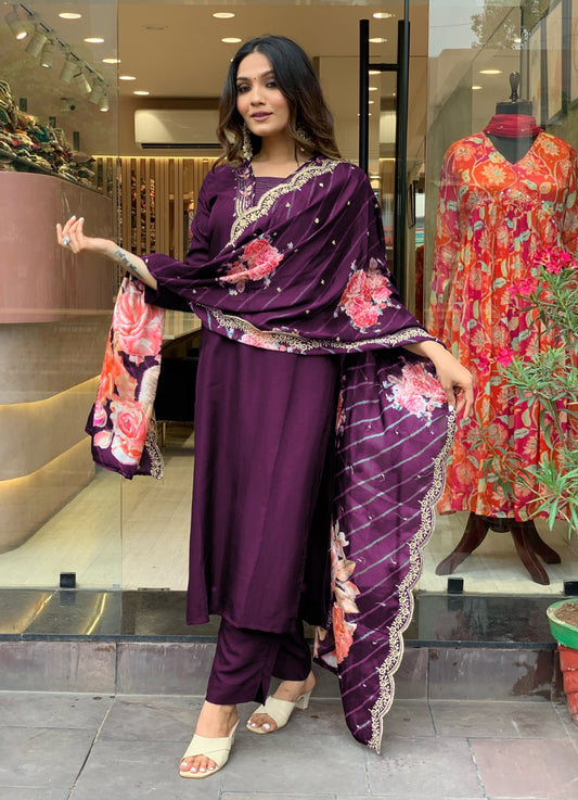 Viscose Rayon With Three Quarter Sleeves And Solid Pattern Top Pent