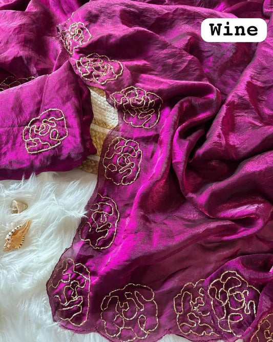 Space Silk Soft Shinwe With Rich Lotus And Hand Made Saree