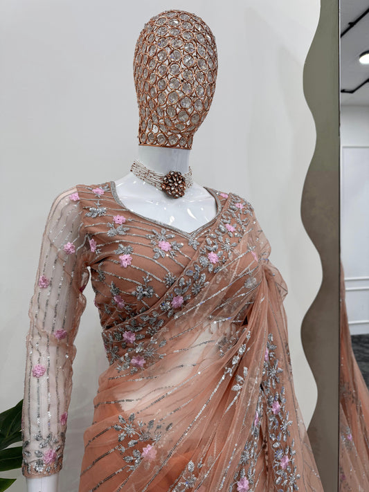 DESIGNER SAREE ON SOFT NET FABRIC WITH THREAD & EMBROIDERED WORK FOR PARTY WEAR