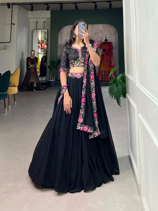 ENCHANTED EVENINGS: GEORGETTE LEHENGA CHOLI ADORNED WITH SEQUINS AND DELICATE EMBROIDERY