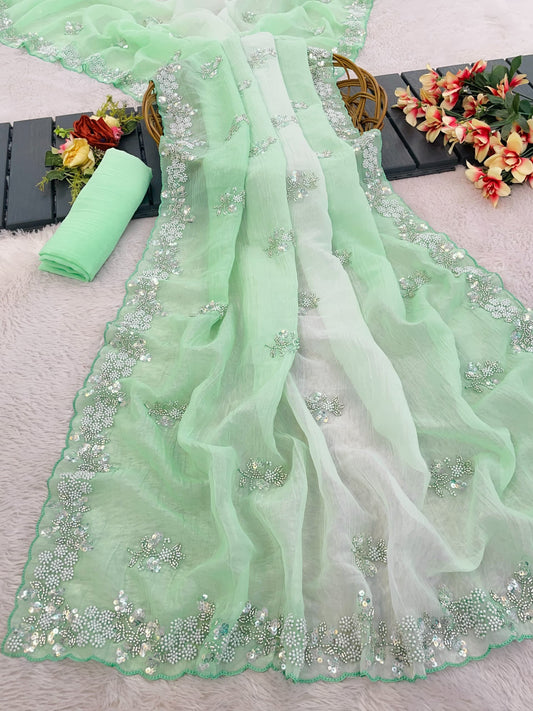 Premium Look Pixel Crush Moti With Sequence Work Saree