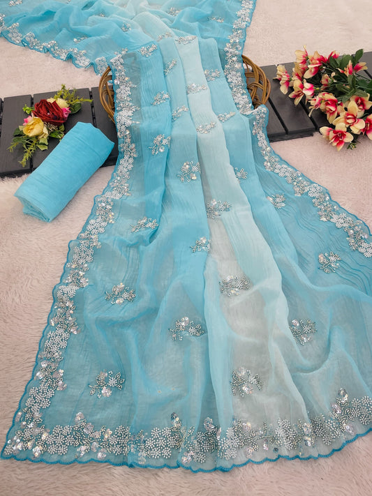 Premium Look Pixel Crush Moti With Sequence Work Saree