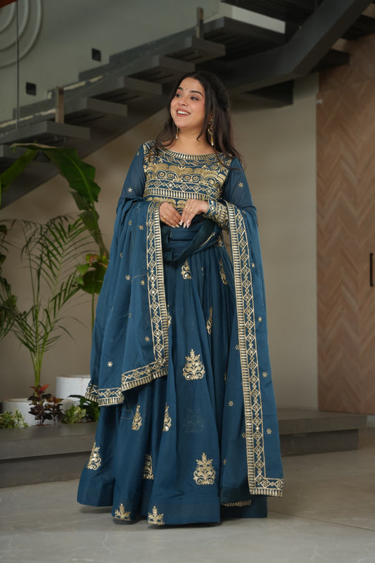 PURE CHINNON SEQUENCE & MULTI BEADS EMBROIDERED ANARKALI GOWN WITH CHINON DUPATTA