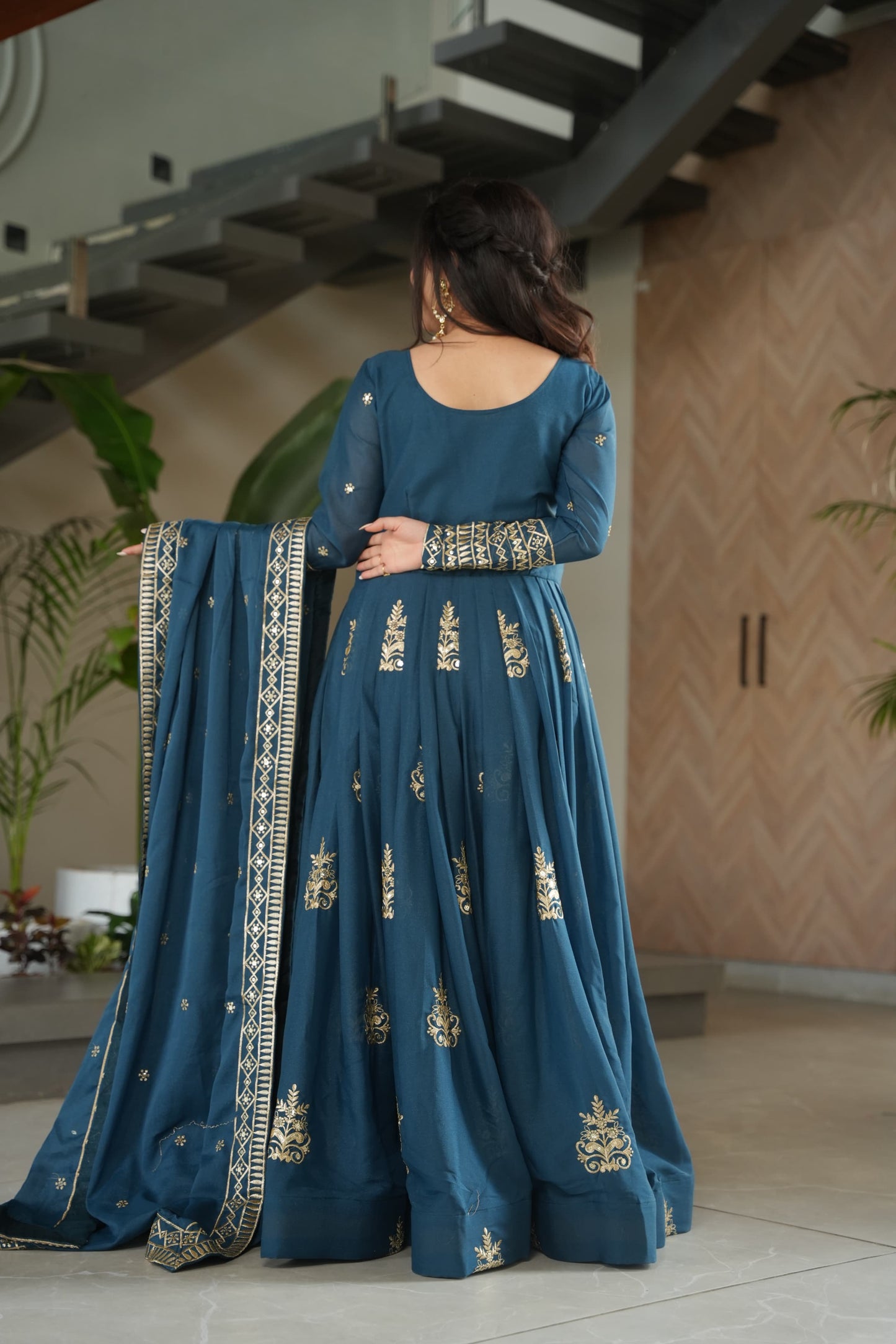 PURE CHINNON SEQUENCE & MULTI BEADS EMBROIDERED ANARKALI GOWN WITH CHINON DUPATTA