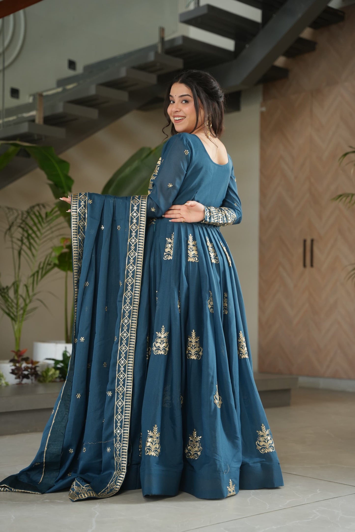 PURE CHINNON SEQUENCE & MULTI BEADS EMBROIDERED ANARKALI GOWN WITH CHINON DUPATTA