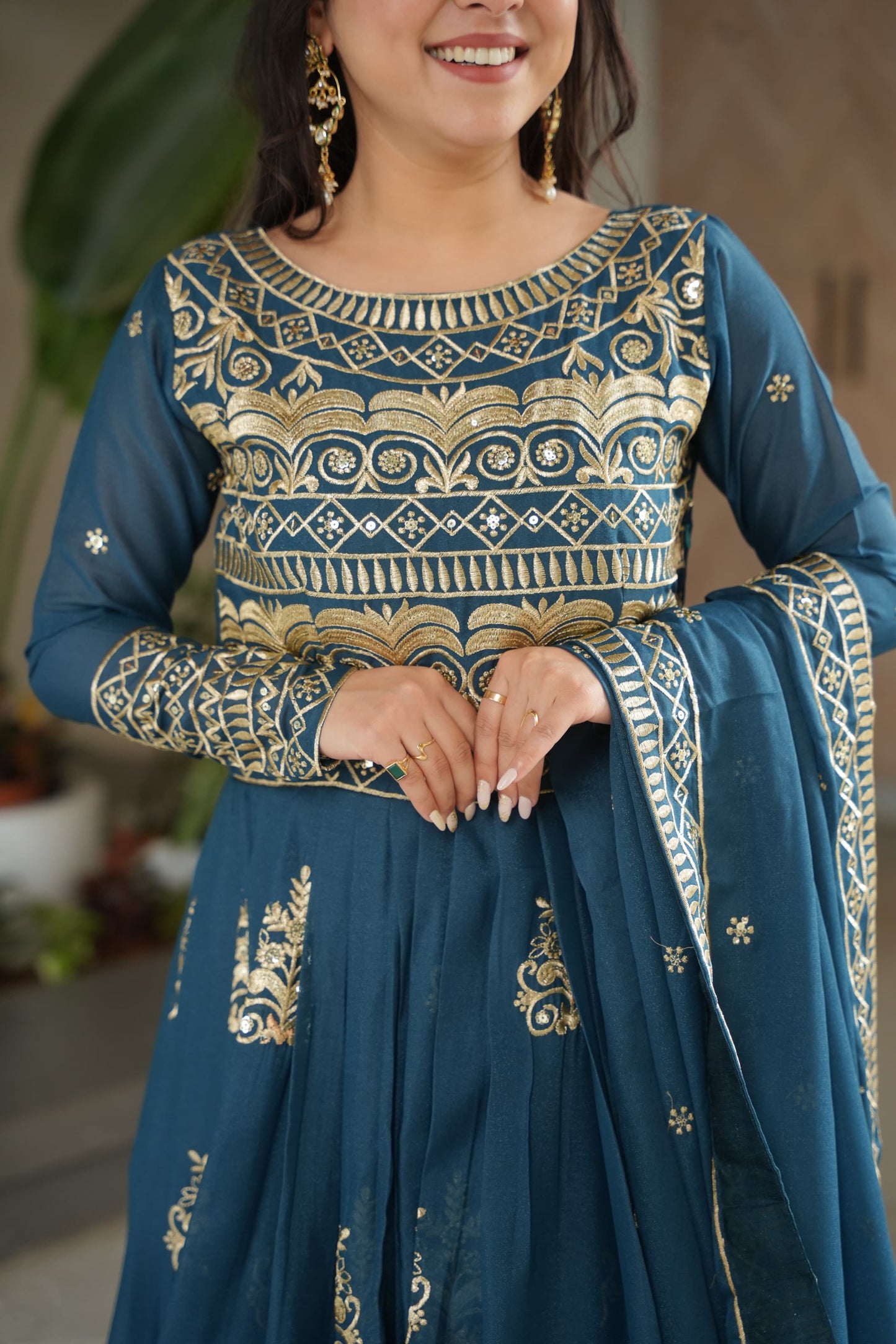 PURE CHINNON SEQUENCE & MULTI BEADS EMBROIDERED ANARKALI GOWN WITH CHINON DUPATTA