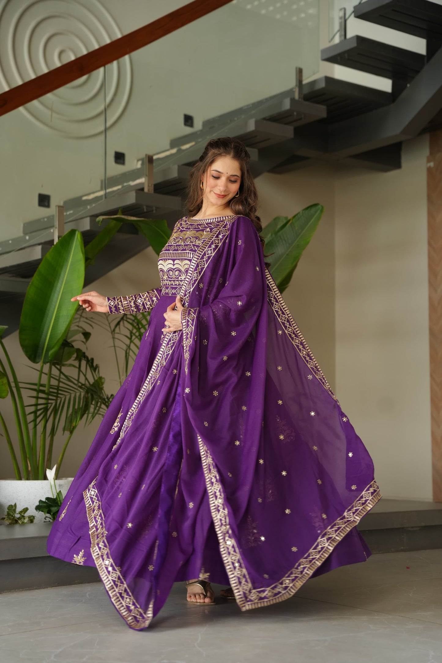 PURE CHINNON SEQUENCE & MULTI BEADS EMBROIDERED ANARKALI GOWN WITH CHINON DUPATTA