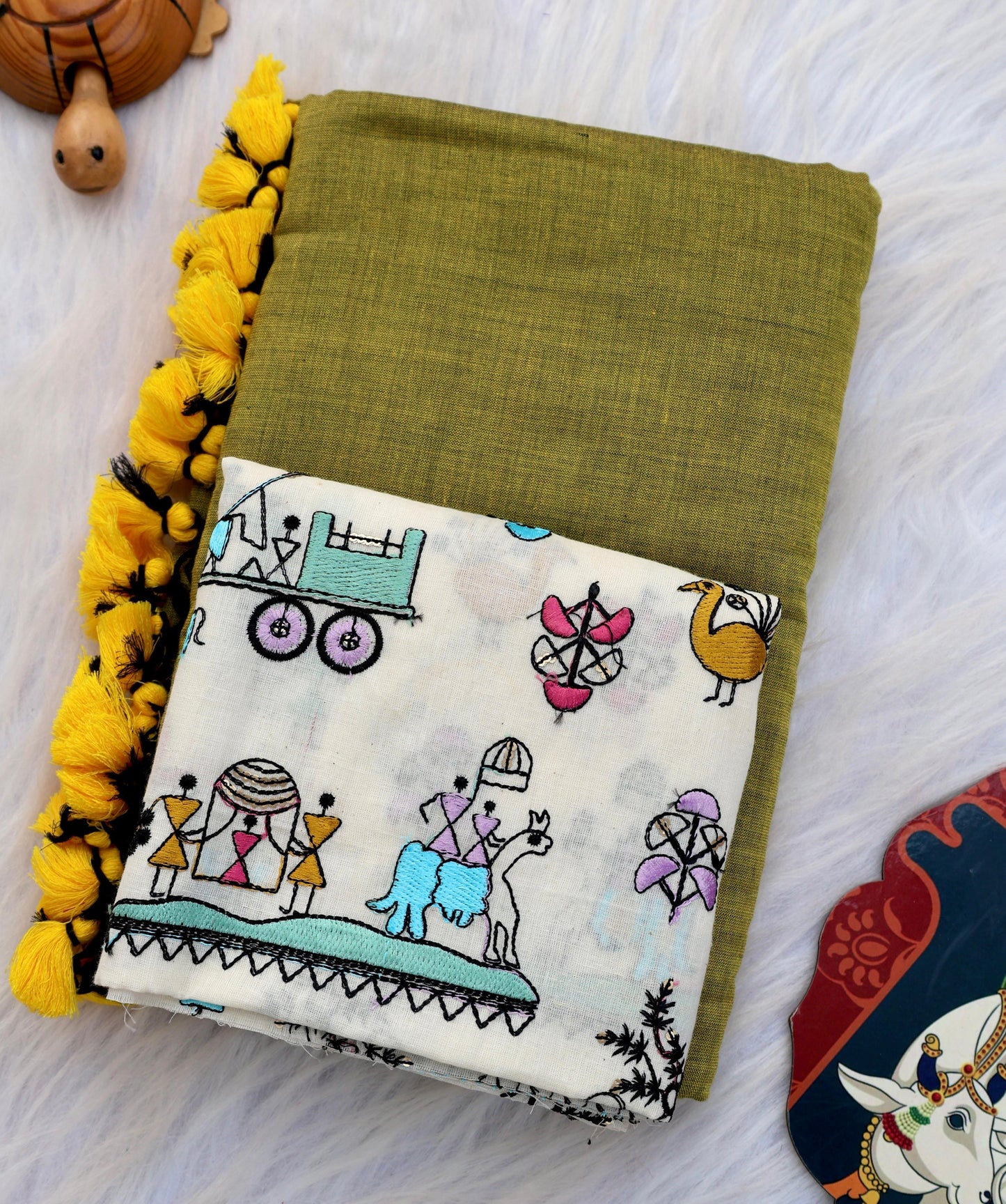 Khadi Cotton Colourful Saree With Designer Printed Blouse