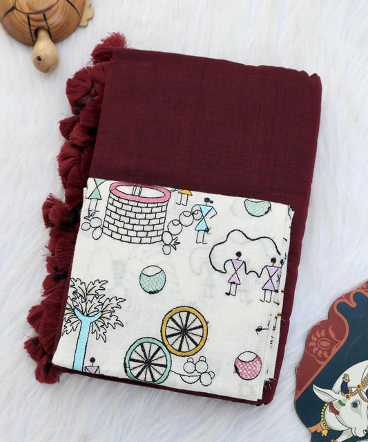 Khadi Cotton Colourful Saree With Designer Printed Blouse