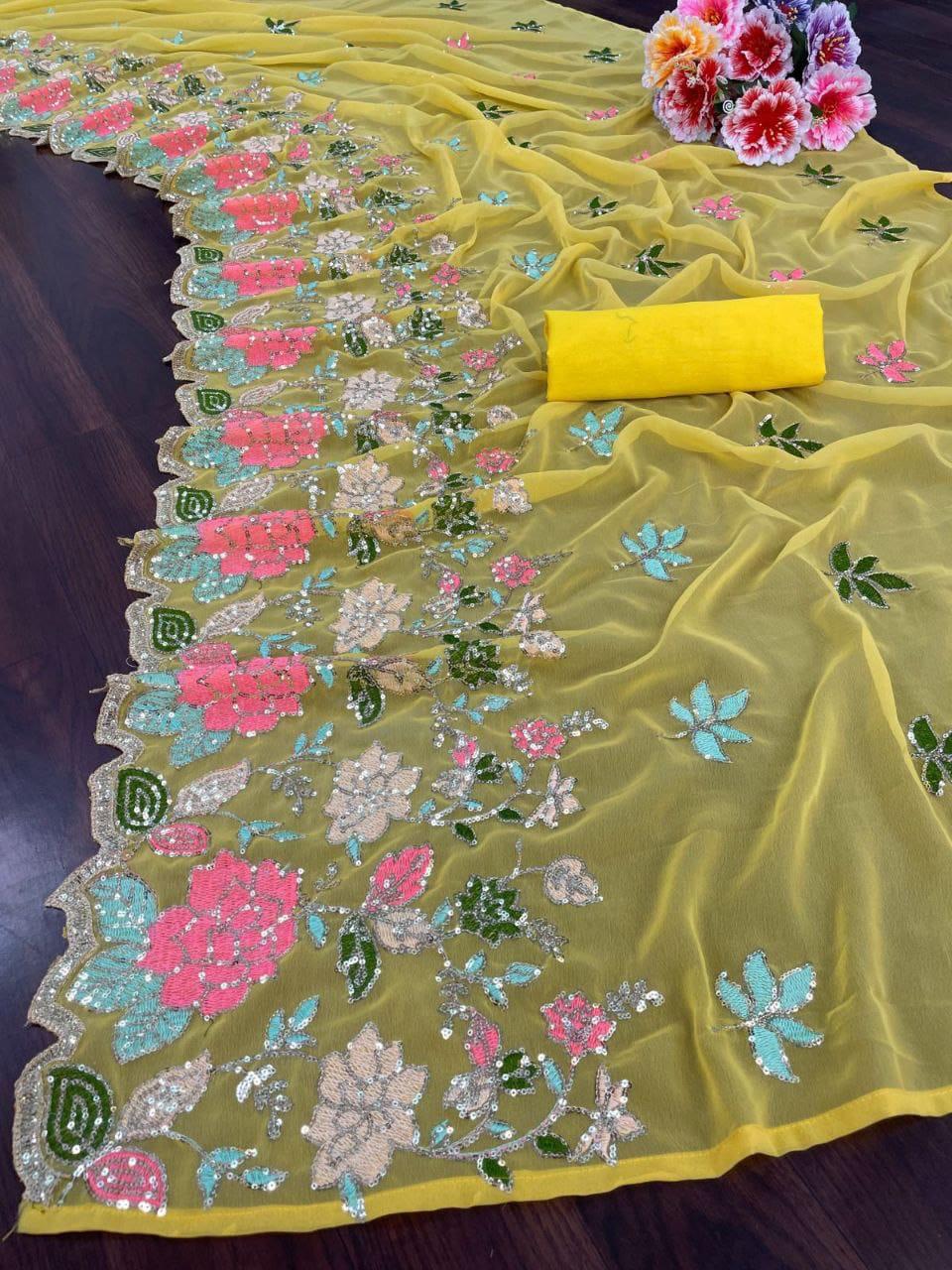 New Wear Soft Georgette Multicolor Embroidery Work Saree