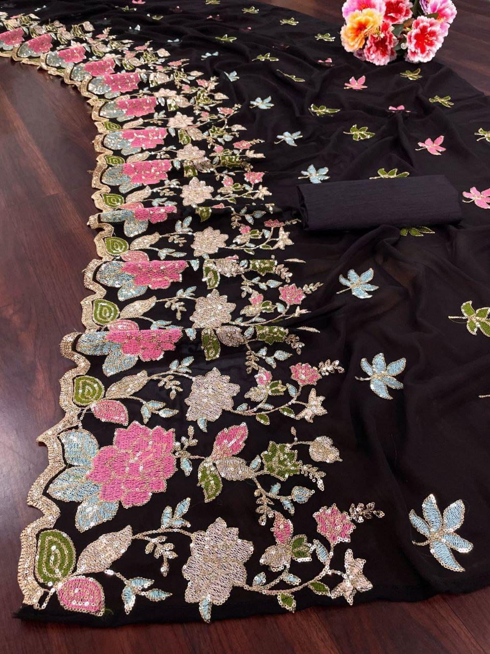 New Wear Soft Georgette Multicolor Embroidery Work Saree