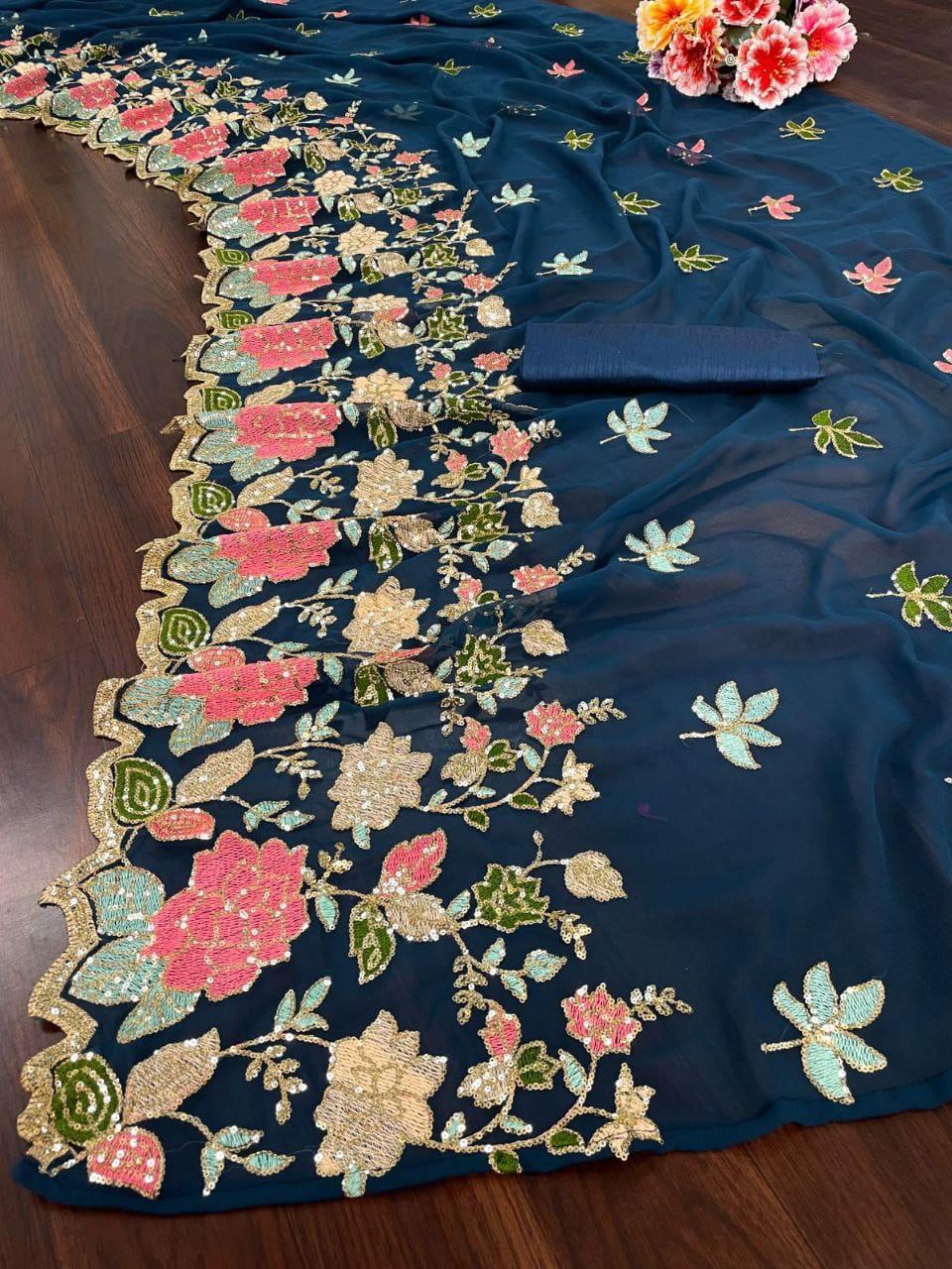 New Wear Soft Georgette Multicolor Embroidery Work Saree